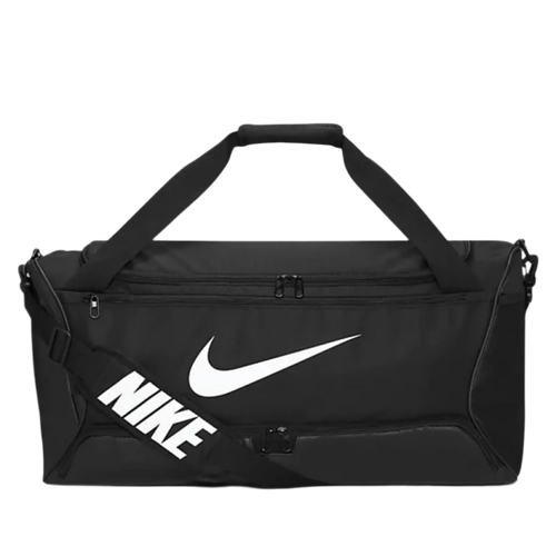 Black Nike duffel bag with white logo on a white background
