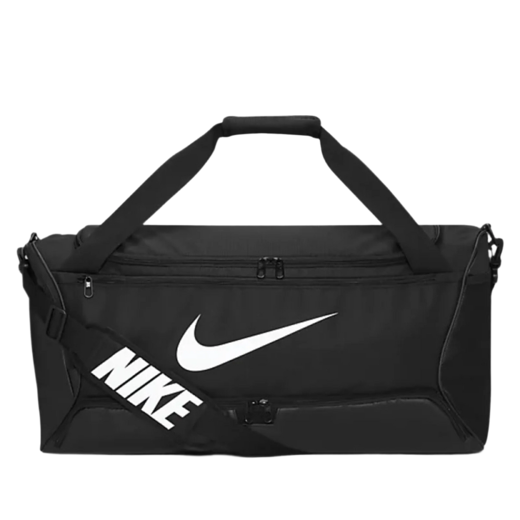 Black Nike duffel bag with white logo on a white background