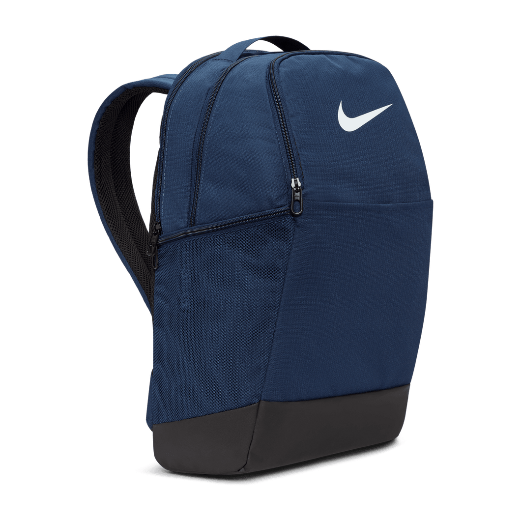 Blue backpack with a white Nike logo on a white background